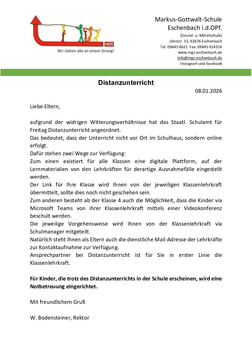 Read more about the article Info Distanzunterricht Freitag 9.1.26